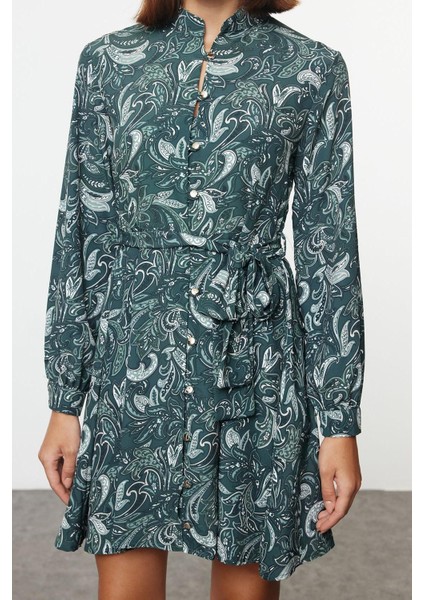 Moda Stil Regular Gömlek Yaka Mini Boy Kuşaklı Şal Desen Astarlı Dokuma Gömlek Elbise modelleri