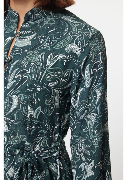 Moda Stil Regular Gömlek Yaka Mini Boy Kuşaklı Şal Desen Astarlı Dokuma Gömlek Elbise fırsatları