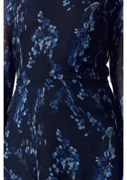 Moda Stil Regular Dik Yaka Midi Boy Mavi Çiçek Desenli A Kesim Astarlı Şifon Dokuma Kışlık Elbise