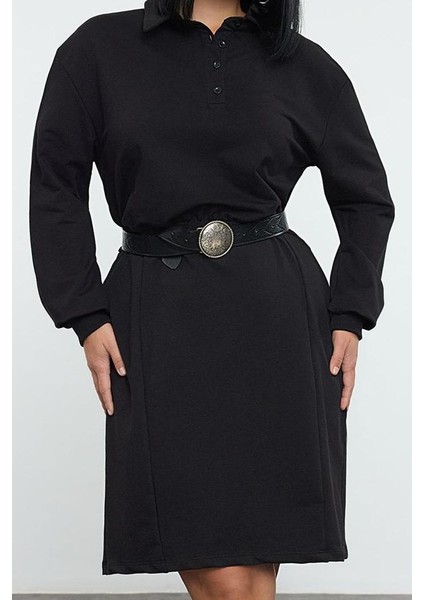 Moda Stil Slim Polo Yaka Mini Boy Büyük Beden Düz Örme Elbise