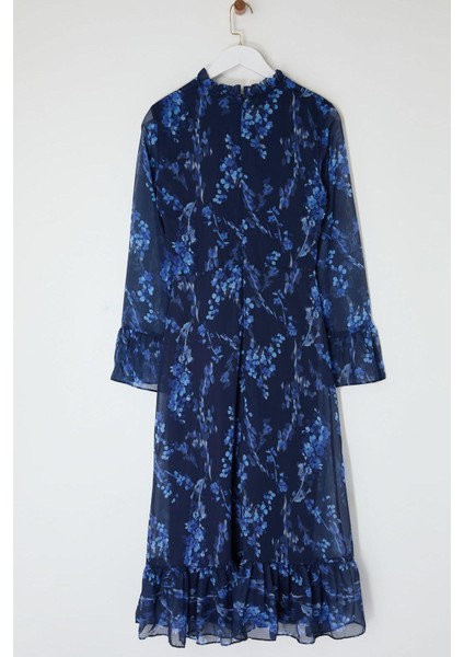 Moda Stil Regular Dik Yaka Midi Boy Mavi Çiçek Desenli A Kesim Astarlı Şifon Dokuma Kışlık Elbise