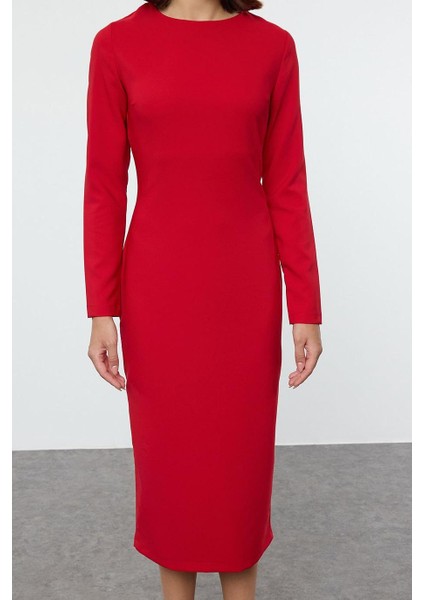 Moda Stil Regular Bisiklet Yaka Midi Boy Vücudu Saran Dokuma Elbise modelleri