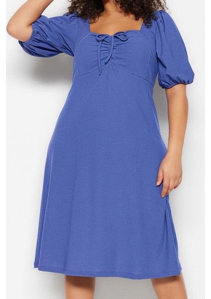 Moda Stil Relaxed Kalp Yaka Midi Boy Büyük Beden Örme Elbise