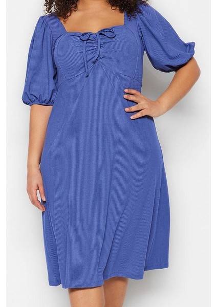 Moda Stil Relaxed Kalp Yaka Midi Boy Büyük Beden Örme Elbise