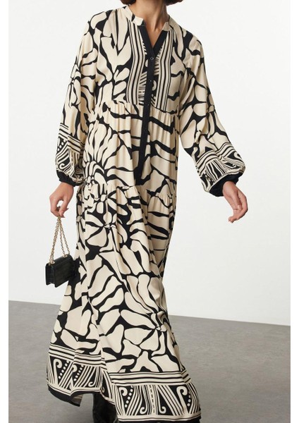 Moda Stil Relaxed Hakim Yaka Maxi Boy Tesettür Geometrik Desenli Viskon Dokuma Elbise