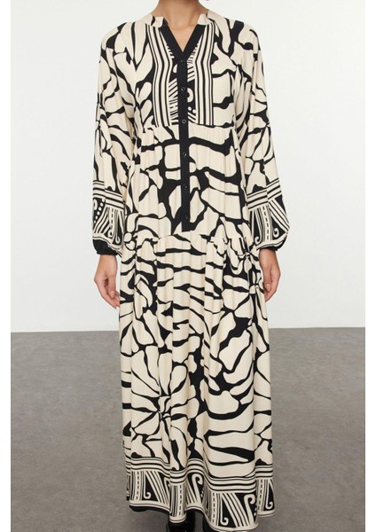 Moda Stil Relaxed Hakim Yaka Maxi Boy Tesettür Geometrik Desenli Viskon Dokuma Elbise modelleri