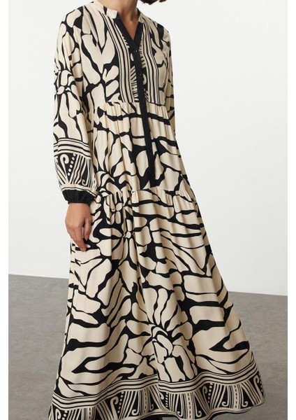 Moda Stil Relaxed Hakim Yaka Maxi Boy Tesettür Geometrik Desenli Viskon Dokuma Elbise fırsatları