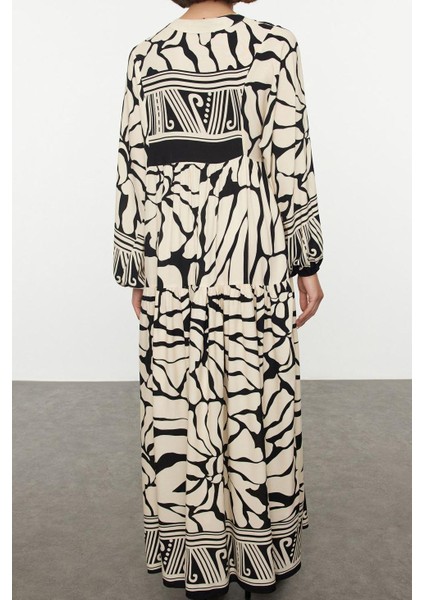 Moda Stil Relaxed Hakim Yaka Maxi Boy Tesettür Geometrik Desenli Viskon Dokuma Elbise indirimleri