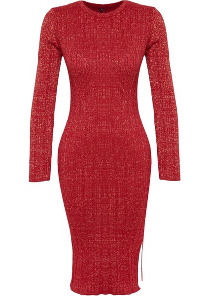 Moda Stil Slim Bisiklet Yaka Midi Boy Simli Triko Elbise