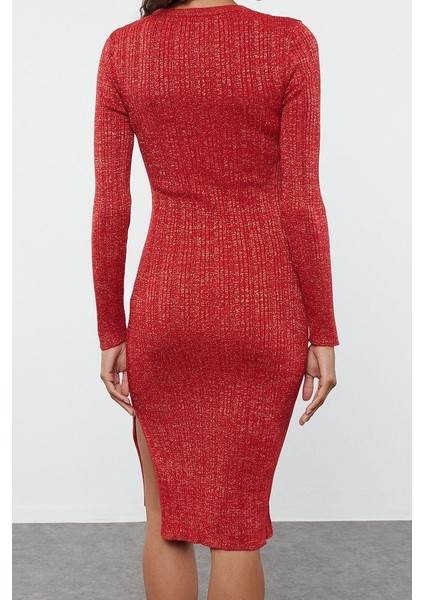 Moda Stil Slim Bisiklet Yaka Midi Boy Simli Triko Elbise