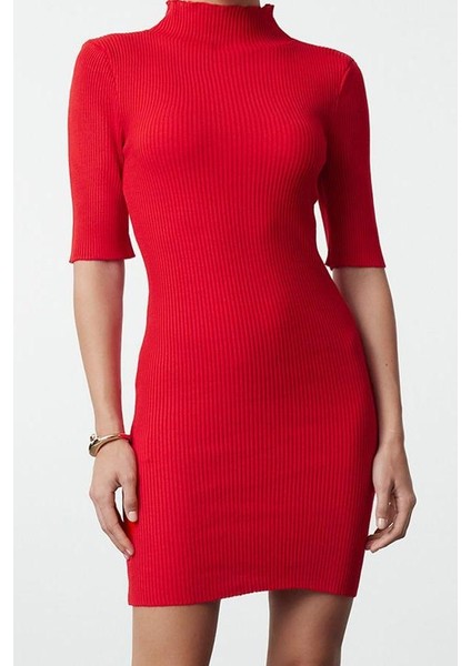 Moda Stil Slim Dik Yaka Mini Boy Triko Elbise