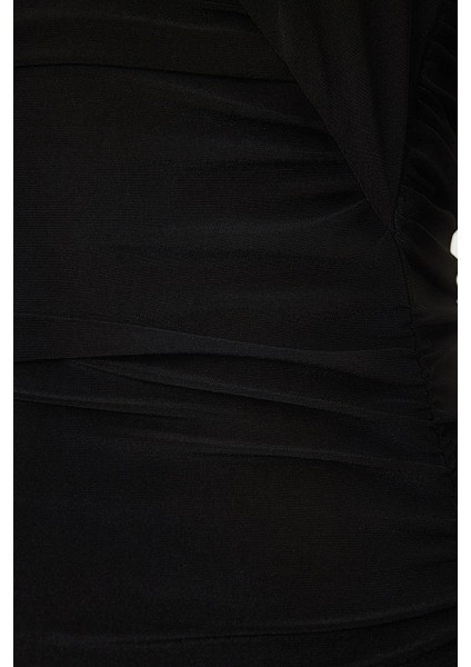 Moda Stil Fitted Asimetrik Yaka Midi Boy Fırfır Detaylı Tek Kol Örme Elbise