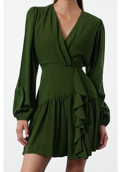 Moda Stil Regular Kruvaze Mini Boy Düz Dokuma Elbise