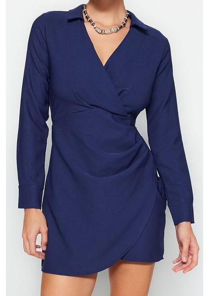 Moda Stil Regular Kruvaze Mini Boy Drape Detaylı Dokuma Elbise