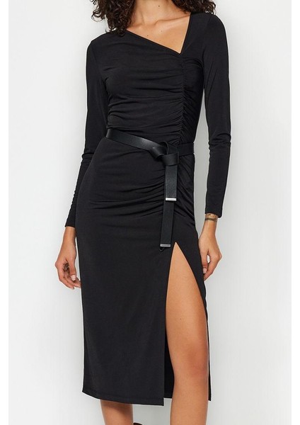 Moda Stil Slim Asimetrik Yaka Midi Boy Yırtmaçlı Örme Elbise