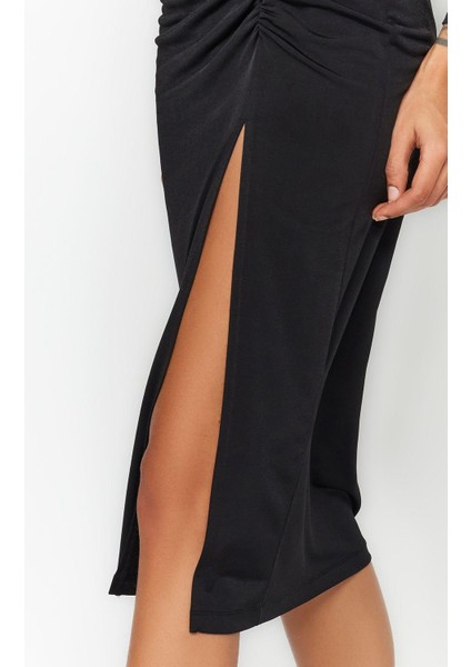 Moda Stil Slim Asimetrik Yaka Midi Boy Yırtmaçlı Örme Elbise