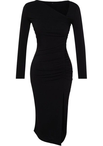 Moda Stil Slim Asimetrik Yaka Midi Boy Yırtmaçlı Örme Elbise