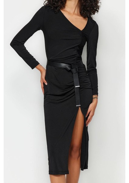 Moda Stil Slim Asimetrik Yaka Midi Boy Yırtmaçlı Örme Elbise