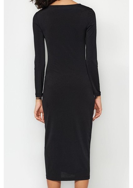Moda Stil Slim Asimetrik Yaka Midi Boy Yırtmaçlı Örme Elbise