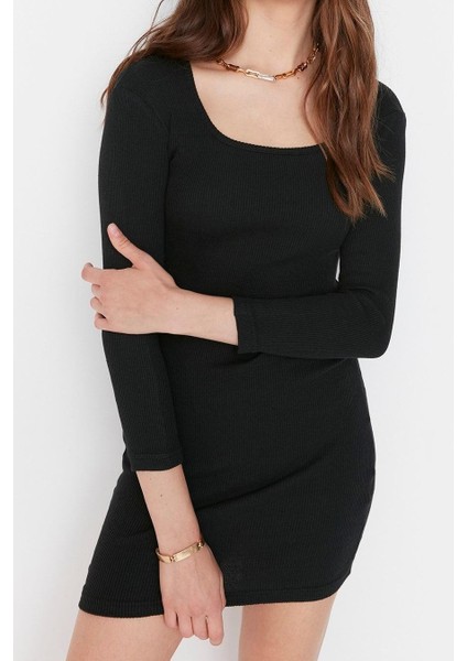 Moda Stil Slim Havuz Yaka Mini Boy Vücuda Oturan Yırtmaçlı Bisiklet Yaka Fitilli Esnek Örme Elbise