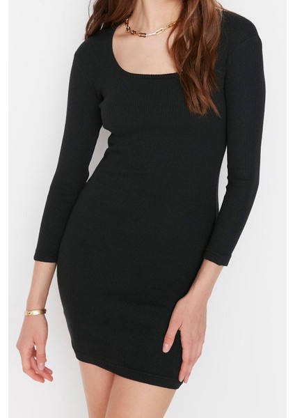 Moda Stil Slim Havuz Yaka Mini Boy Vücuda Oturan Yırtmaçlı Bisiklet Yaka Fitilli Esnek Örme Elbise modelleri