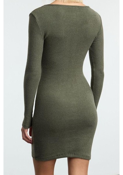 Moda Stil Slim Havuz Yaka Mini Boy Vücuda Oturan Yırtmaçlı Bisiklet Yaka Fitilli Esnek Örme Elbise indirimleri