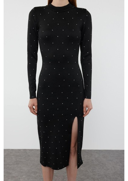 Moda Stil Regular Bisiklet Yaka Midi Boy Triko Taş Işlemeli Elbise fiyatları