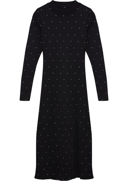 Moda Stil Regular Bisiklet Yaka Midi Boy Triko Taş Işlemeli Elbise modelleri