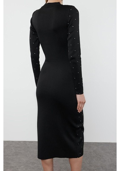 Moda Stil Regular Bisiklet Yaka Midi Boy Triko Taş Işlemeli Elbise indirimleri