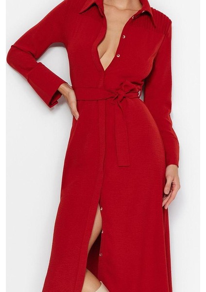Moda Stil Regular Gömlek Yaka Midi Boy Kuşaklı Düğmeli Dokuma Gömlek Elbise