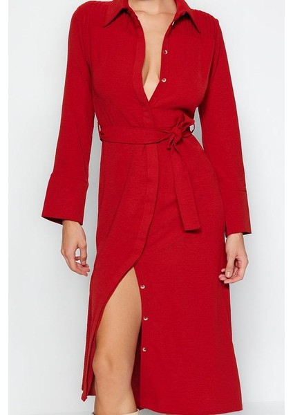 Moda Stil Regular Gömlek Yaka Midi Boy Kuşaklı Düğmeli Dokuma Gömlek Elbise fiyatları