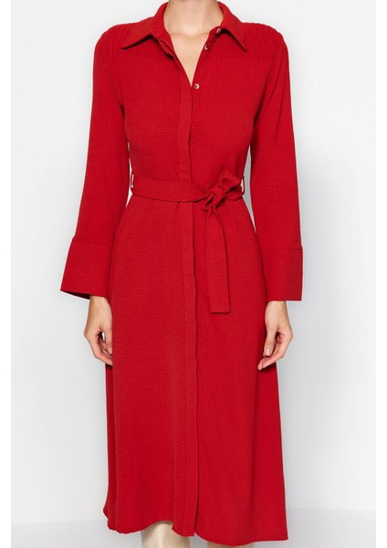 Moda Stil Regular Gömlek Yaka Midi Boy Kuşaklı Düğmeli Dokuma Gömlek Elbise modelleri