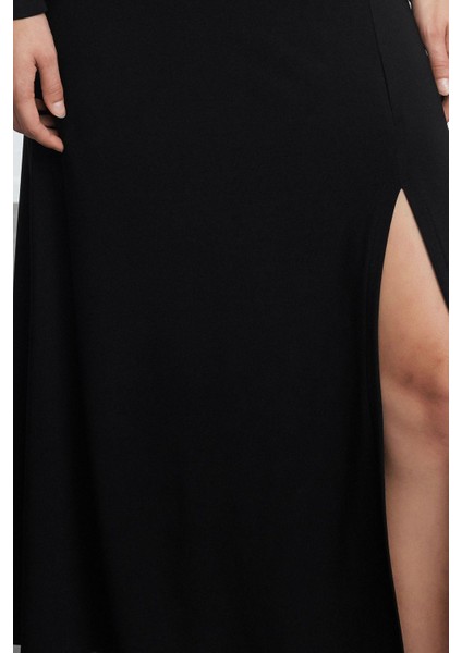 Moda Stil Fitted V Yaka Maxi Boy Düz Eteği Volanlı Skater Belden Açılan Esnek Örme Elbise