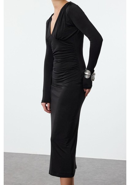 Moda Stil Slim V Yaka Midi Boy Büzgü Drape Detaylı Vücuda Oturan Örme Elbise