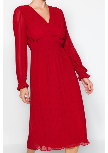 Moda Stil Regular Kruvaze Midi Boy Piliseli Astarlı Şifon Dokuma Elbise