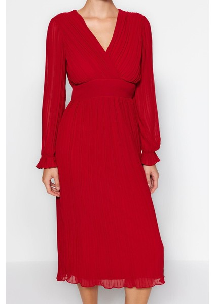 Moda Stil Regular Kruvaze Midi Boy Piliseli Astarlı Şifon Dokuma Elbise fiyatları