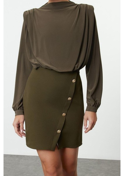 Moda Stil Regular Dik Yaka Mini Boy Düz Vatkalı Dokuma Elbise