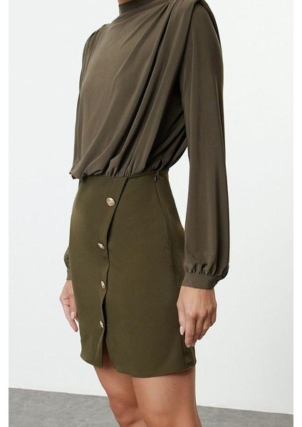 Moda Stil Regular Dik Yaka Mini Boy Düz Vatkalı Dokuma Elbise fırsatları