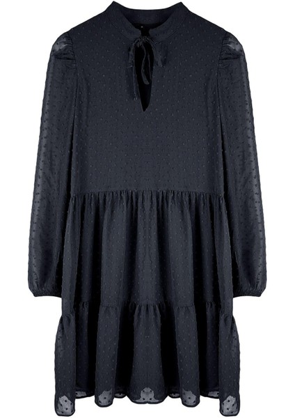 Moda Stil Regular Dik Yaka Mini Boy Düz Geniş Kesim Puantiye Şifon Kumaşlı Dokuma Kışlık Elbise
