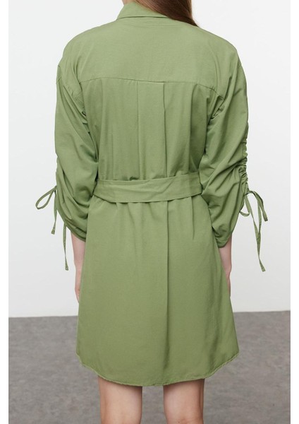 Moda Stil Regular Gömlek Yaka Mini Boy Cep ve Büzgü Detaylı Dokuma Gömlek Elbise indirimleri