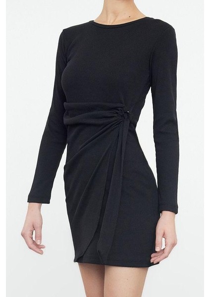 Moda Stil Slim Bisiklet Yaka Mini Boy Fitted Vücuda Oturan Fitilli Esnek Örme Elbise