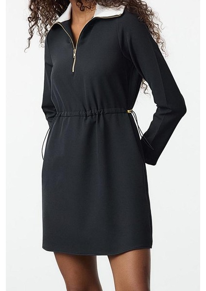 Moda Stil Regular Dik Yaka Mini Boy A Kesim Beli Ayarlanabilir Dokuma Elbise