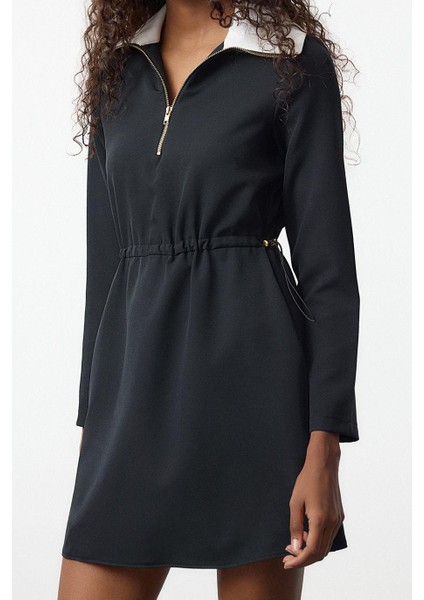 Moda Stil Regular Dik Yaka Mini Boy A Kesim Beli Ayarlanabilir Dokuma Elbise fırsatları