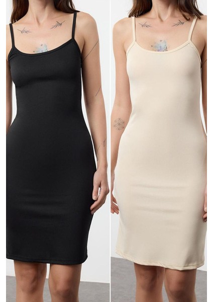 Moda Stil Slim Kare Yaka Mini Boy Astarlık 2li Paket Askılı Vücuda Oturan Örme Elbise