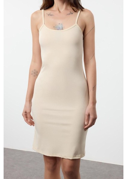 Moda Stil Slim Kare Yaka Mini Boy Astarlık 2li Paket Askılı Vücuda Oturan Örme Elbise modelleri