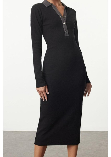Moda Stil Slim Düğmeli Yaka Midi Boy Renk Bloklu Bodycone Vücuda Oturan Çıtçıt Detaylı Örme Elbise