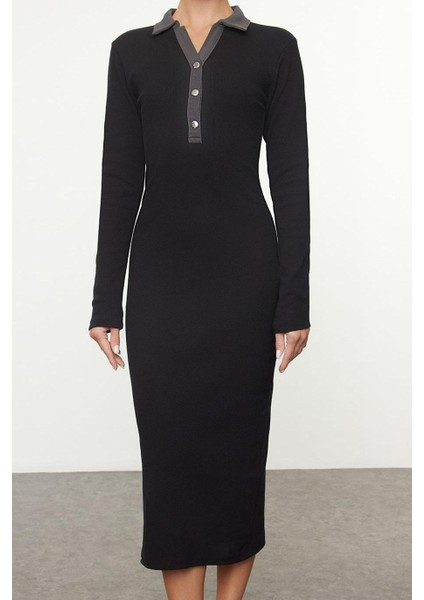 Moda Stil Slim Düğmeli Yaka Midi Boy Renk Bloklu Bodycone Vücuda Oturan Çıtçıt Detaylı Örme Elbise