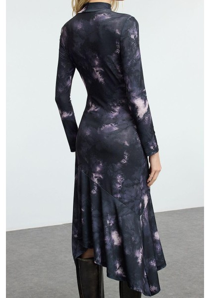 Moda Stil Slim Dik Yaka Midi Boy Fitted Vücuda Oturan Baskılı Örme Elbise fiyatları