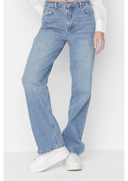 Kadın Moda Şık Kot Pantolon Geniş Paça Regular Boy Denim Mavi Düşük Bel Jeans fiyatları