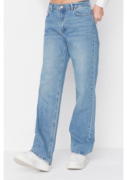 Kadın Moda Şık Kot Pantolon Geniş Paça Regular Boy Denim Mavi Düşük Bel Jeans fırsatları